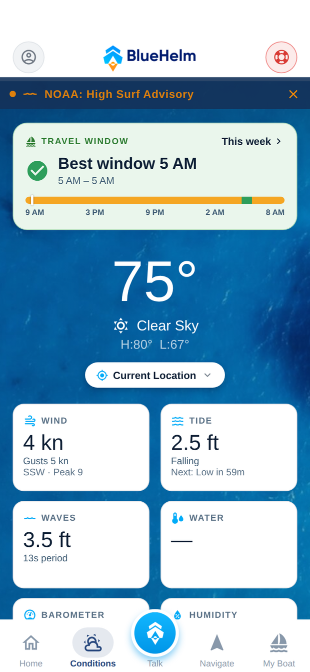 Marine conditions with travel window, wind, tide and water temperature